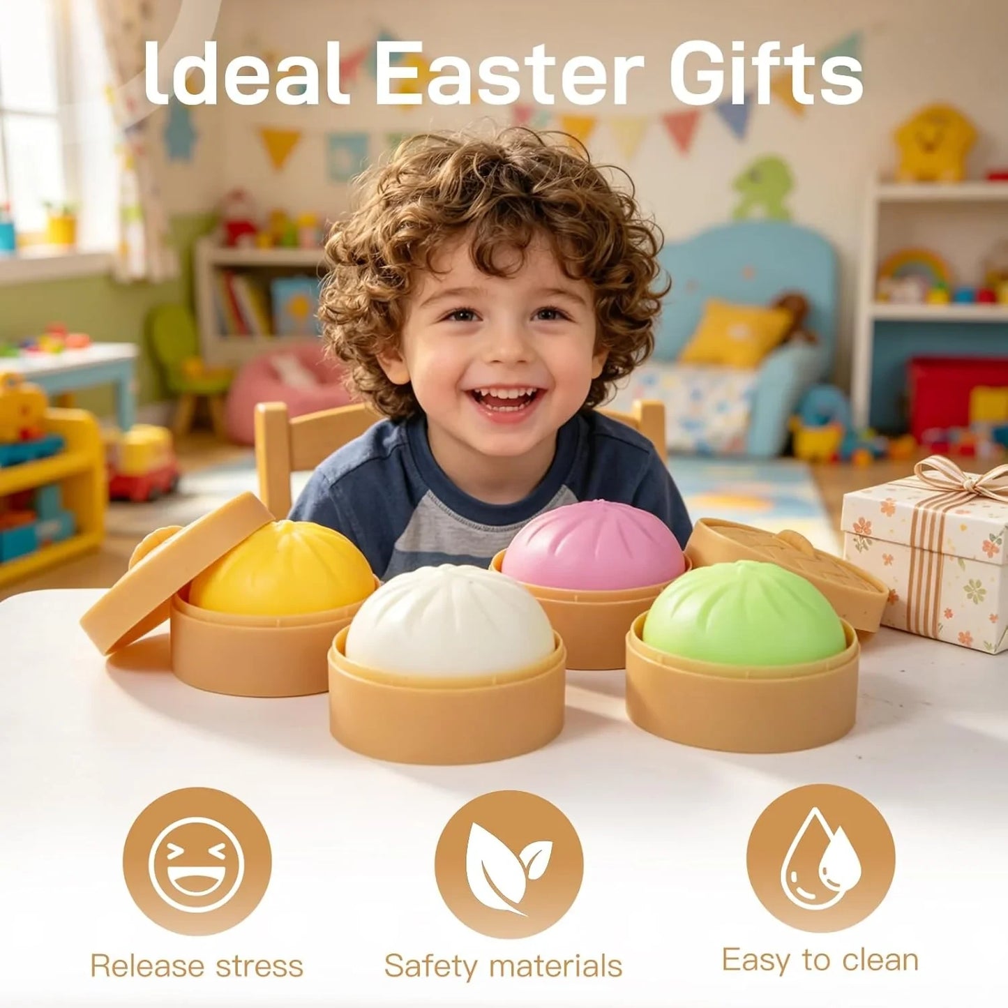 4 Pack Dumpling Squishies Toy Mystery Box Random Color, Colorful Dumplings Stress Balls Fidget Sensory Toy, Bun with Food Steamer Stretchy Desk Toys Soft Squeeze Decompression Dough for Adults Kids
