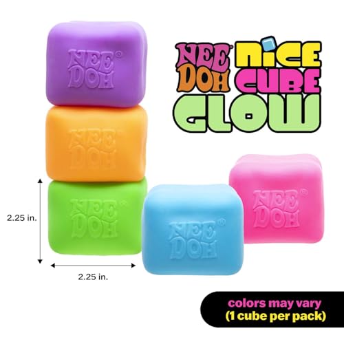 Schylling NeeDoh Nice Cube Glow - Squeeze Toy with a Super Solid Squish - Glows in The Dark - 2.25" Cube - Color May Vary (Pack of 1)