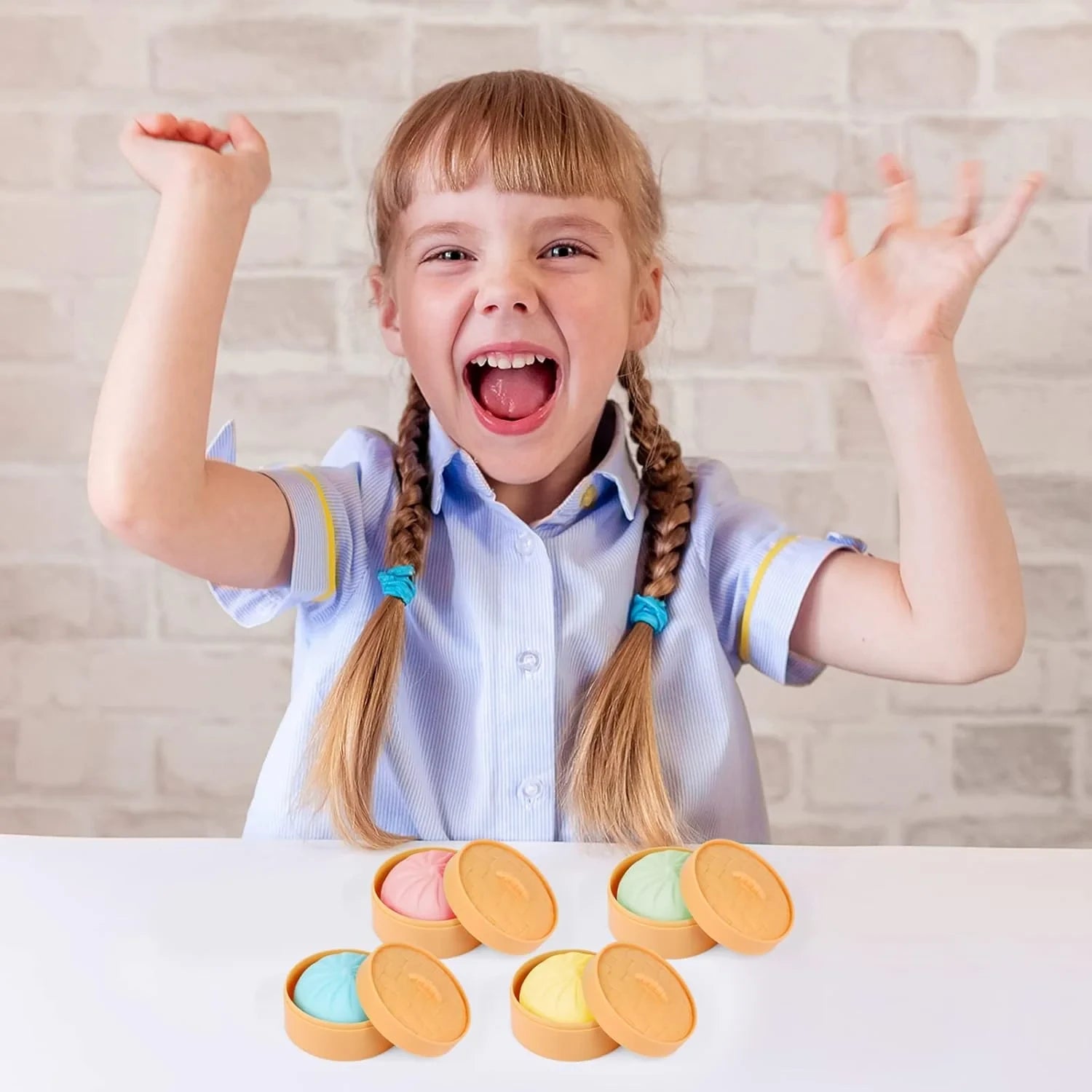 MEIEST 4 PCS Colorful Dumpling Stress Balls Fidget Sensory Toy,Squeeze Dough Ball Stress Relief Hand Toy,Bun with Food Steamer Stretchy Desk Toys