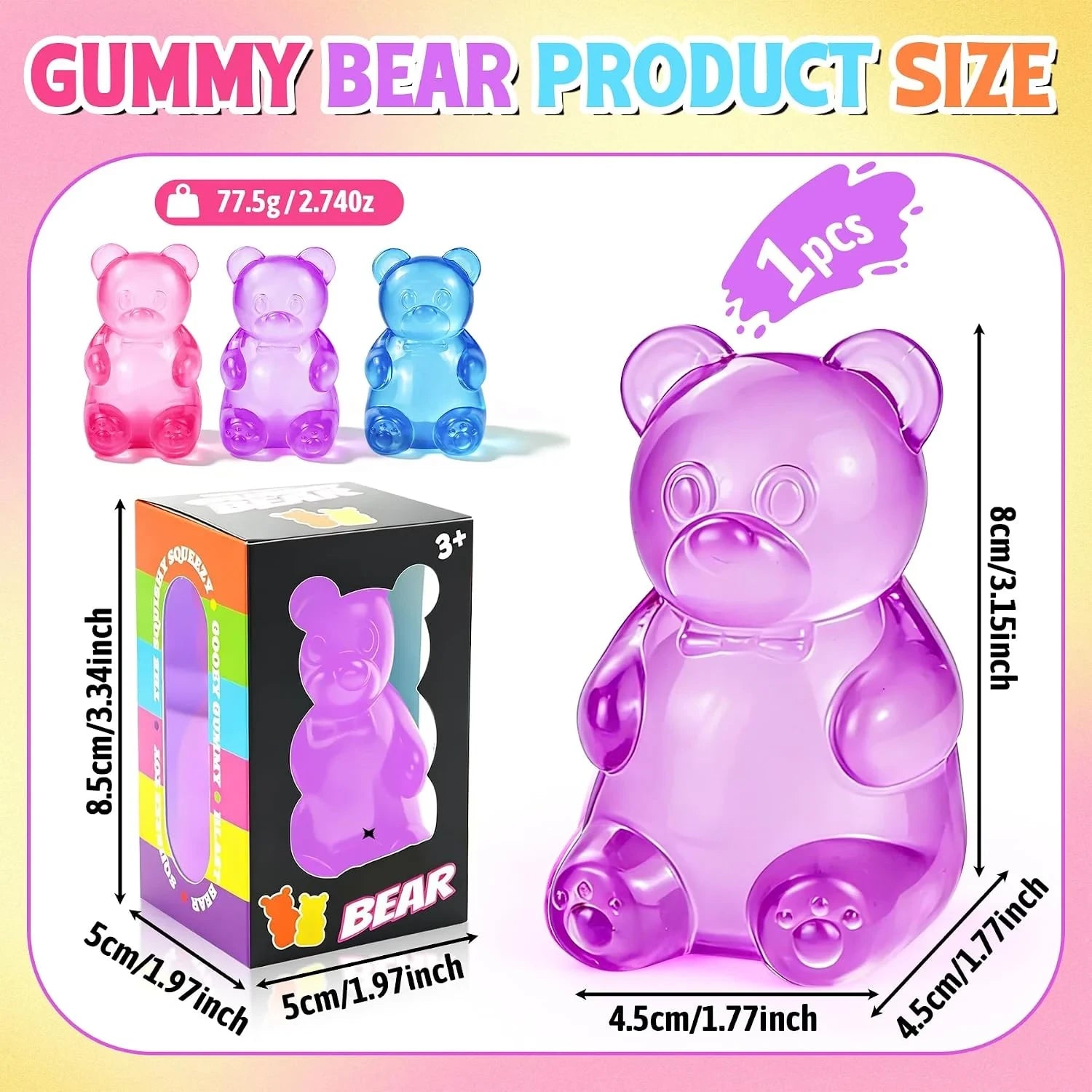 Gummy Bear Taba Squishies Fidget Toys, Stress Ball Relief, Sugar Squishies Gummy Bear Fidget Toys for Kids Adults, Slow Rising Sensory Stress Balls for Birthday Gifts Party Favors (Purple)