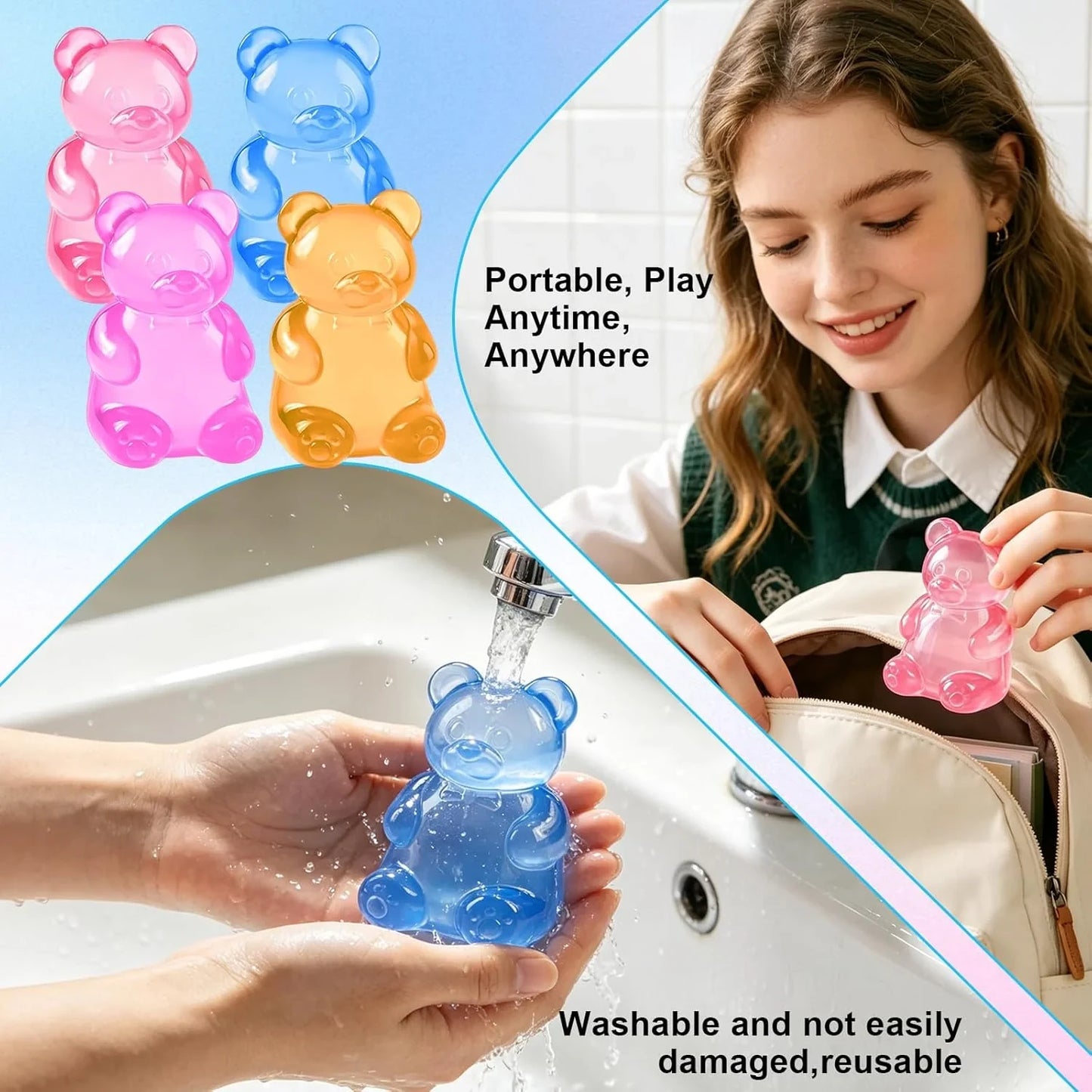 Stress Bear Squishy Balls, Bear Squishy Stress Relief Squeeze Balls, Gummy Bear Squishy for Valentines Day Gifts Birthday Gifts Party Favors (Blue + Pink)