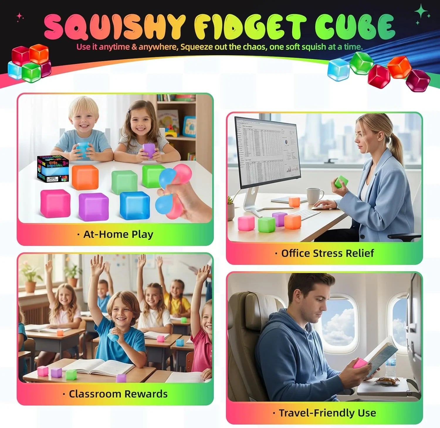 Stress Cube Squishy Fidget Toys, Slow Rising Ice Cube Sensory Stress Balls for Kids Adults Anxiety Relief Squeeze Toy for Classroom Prizes Party Favors (Light Green)