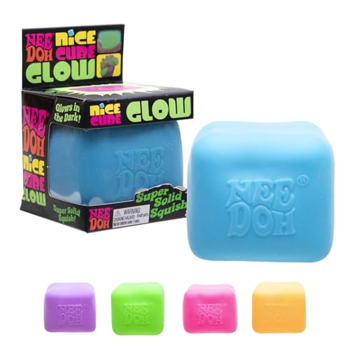 Schylling NeeDoh Nice Cube Glow - Squeeze Toy with a Super Solid Squish - Glows in The Dark - 2.25" Cube - Color May Vary (Pack of 1)