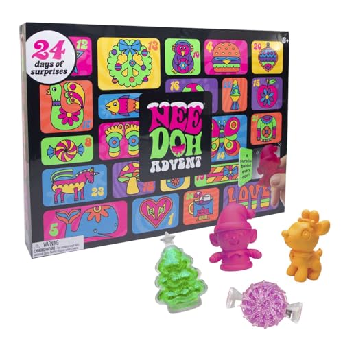 Schylling NeeDoh Advent Calendar - 24 Days of Sensory Surprises - Squishy Toys with Fun Shapes and Textures - Ages 3 and Up - Color May Vary; 24 NeeDoh Toys in One Calendar