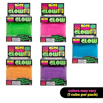 Schylling NeeDoh Nice Cube Glow - Squeeze Toy with a Super Solid Squish - Glows in The Dark - 2.25" Cube - Color May Vary (Pack of 1)