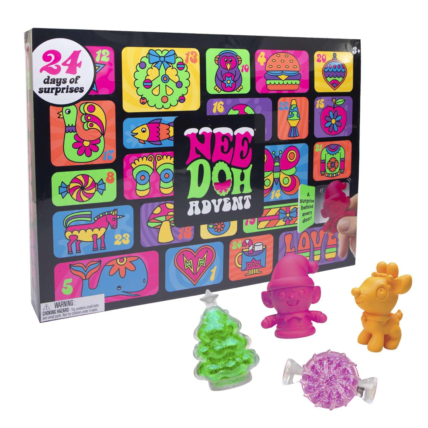 Schylling NeeDoh Advent Calendar - 24 Days of Sensory Surprises - Squishy Toys with Fun Shapes and Textures - Ages 3 and Up - Color May Vary; 24 NeeDoh Toys in One Calendar