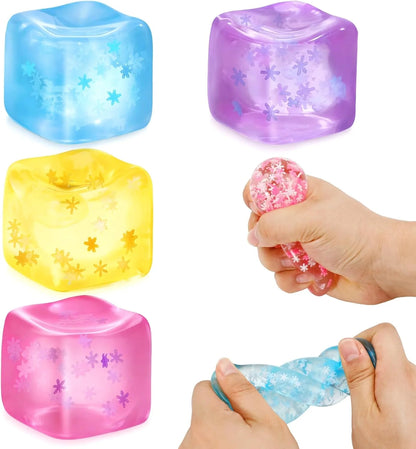 Fidget Toy Stress Cube- 4 Pack Sensory Squeeze Toys, Slow Rising Squishy Cube Filled with Thick Substance and Snowflakes Crafts, Anxiety Stress Relief Calming Tool for Adults and Kids - US 9010