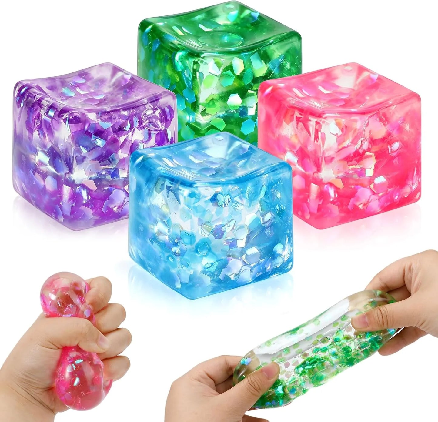 4 Pack Glitter Ice Cube Squishy, Slow Rising Stress Relief Toys, Square Stree Balls Fidget Toys for Adults Boys Girls, Squeeze Ball Sensory Toys for Kids with Autism, Party Favors Gifts - US 2918