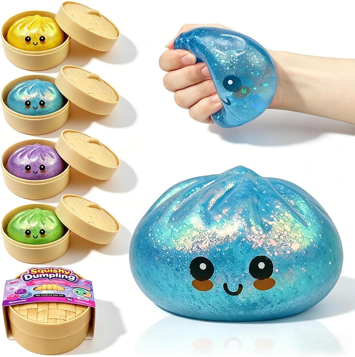 Anditoy Dumpling Stress Balls Glitter Squishy Toys Giant Squishy Mystery Box Squeeze Toys for Adults Stress Relief Desk Toys Kids Party Favors Birthday Gifts (Blue) - US 8350