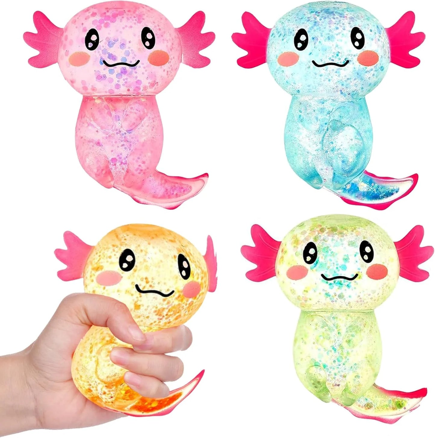 Sezua Squishy Fidget Stress Ball - 4 Pack Taba Squishies Squeeze Sensory Axolotl Toys, Axolotl Squishy Sugar Stress Ball Toys for Adults Kid, Glitter Salamander Gift for Party Birthday Christmas - US 2629