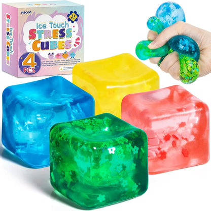 4 Pack Fidget Toy Stress Cube, Slow Rise Stress Balls Ice Cube,Mellow and Chill,Square Squishy Balls for Anxiety Relief,Cube Squishy,Prize Box Toys for Kids Classroom Birthday Gifts Party Favors - US 7778
