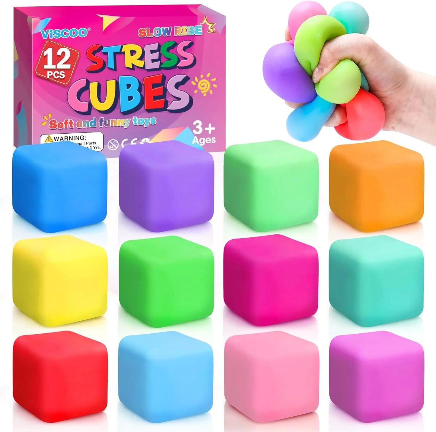 12 Pack Slow Rising Stress Cube, Dough Stress Balls Squishy Fidget Toys for Anxiety Relief, Soft Fidget Cube, Pull Stretch Squishy Toys for Classroom Prize, Party Favors for Kids Adults - US 6374