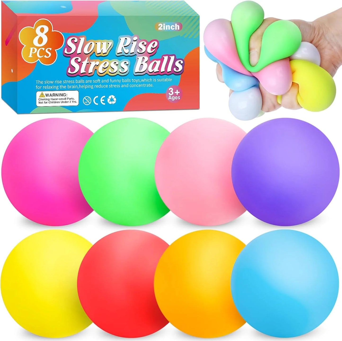 8 Pack Slow Rising Stress Ball,Stress Balls for Kids Adults,Stretchy Fidget Toys for Anxiety Relief,Hand Therapy Sensory Squishy Ball,Squishy Toys,Treasure Prize Box Toys for Kids Classroom - US 8101