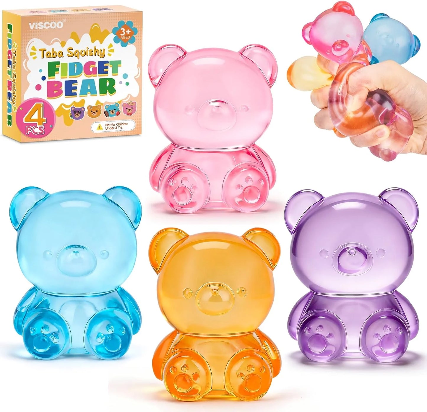 VISCOO 4 Pack Stress Bear Squishy Ball, Sugar Filled Gummy Bear Toys, Taba Squishy Toys for Kids Stress Relief, High Density Stress Balls for Calming - Soft Squeeze Balls Party Favors Birthday Gifts - US 2065