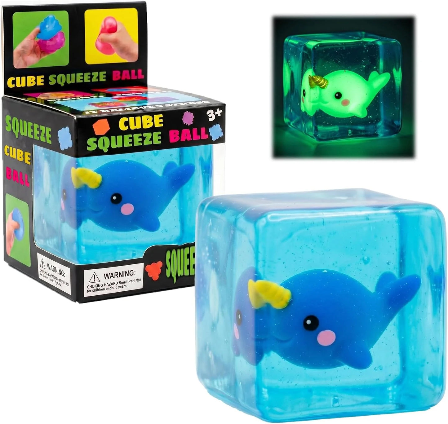 Cube Squeeze Ball Stress Fidget Toy, Glow in the Dark Gel Filled Ice Cube, Slow Rising Squishy Sensory Toy for Anxiety Relief, Kids and Adults (Narwhal) - US 6346