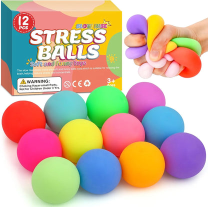12 Pack Slow Rising Stress Ball,Stress Balls for Kids Adults,Stretchy Fidget Toys for Stress Relief,Hand Therapy Sensory Squishy Ball, Squishy Toys for Kids, Classroom Prize Box Party Favors - US 6994