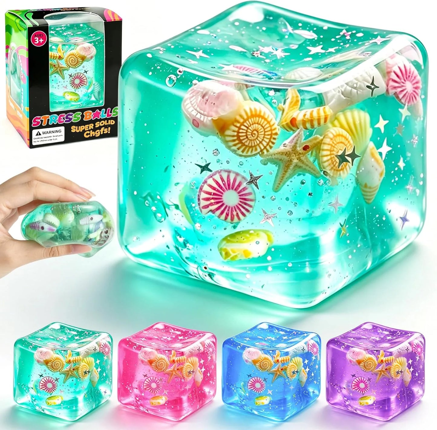 1Pc Ice Cube Squishy Stress Balls,Slow Rising Sensory Fidget Toy with Marine Shells Inside Square Soft Sensory Anxiety Relief Squeeze Cube for Adults Teens Kids(Green) - US 1478