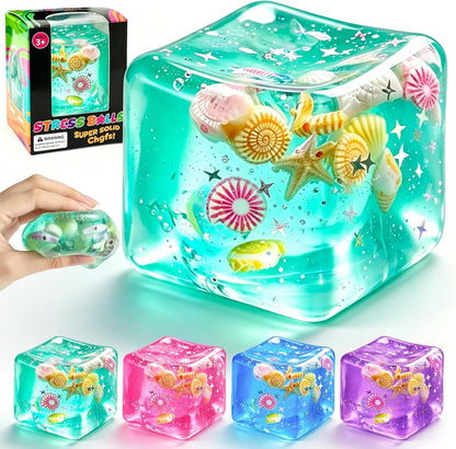 1Pc Ice Cube Squishy Stress Balls,Slow Rising Sensory Fidget Toy with Marine Shells Inside Square Soft Sensory Anxiety Relief Squeeze Cube for Adults Teens Kids(Green) - US 1478