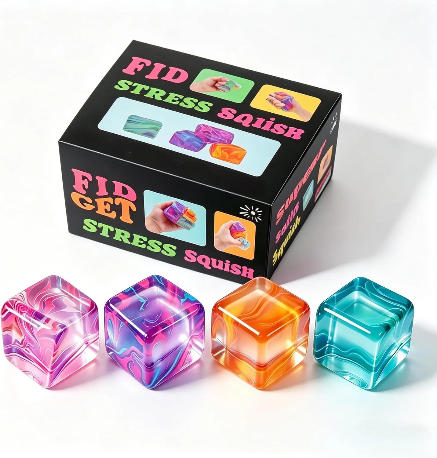 4Pack Fidget Toys Mini Squishy Stress Cube, Stress Balls for Kids, Adults Squishies Anxiety Stress Relief, Ice Squishy Cube Sugar Balls, Sensory Toys for Kids with Autism, Fidgets for Classroom Prize - US 1888