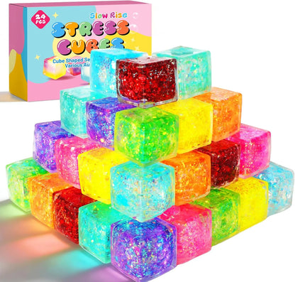 24 Pack Slow Rising Ice Cube Squishy Stress Balls，Stress Cube for Adults Kids , Bulk Taba Squish Fidget Toys, Square Squeeze Toy for Classroom Prizes, Mini Nice Cube Squishy for Party Favors - US 1360