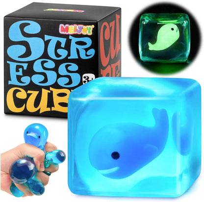 Stress Cube Squishy Fidget Toys Kids Adults - Glow in The Dark Whale Squish Toy Sensory Toys for Kids with Autism Stress Balls for Kids Squeeze Toys for Anxiety Stress Relief Easter Basket Stuffers - US 7710